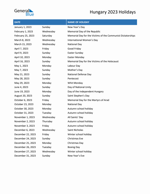 Free printable list of Hungary holidays for year 2023