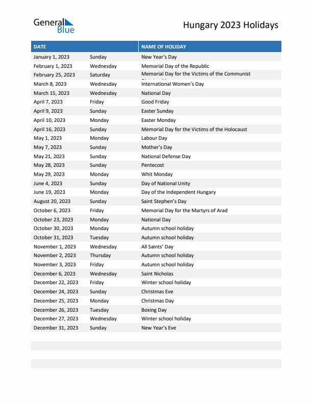 Free printable list of Hungary holidays for year 2023