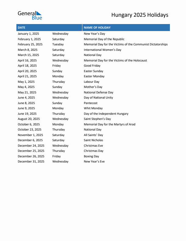 Free printable list of Hungary holidays for year 2025