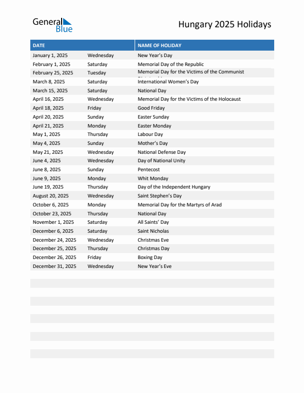 Free printable list of Hungary holidays for year 2025