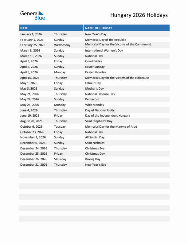 Free printable list of Hungary holidays for year 2026