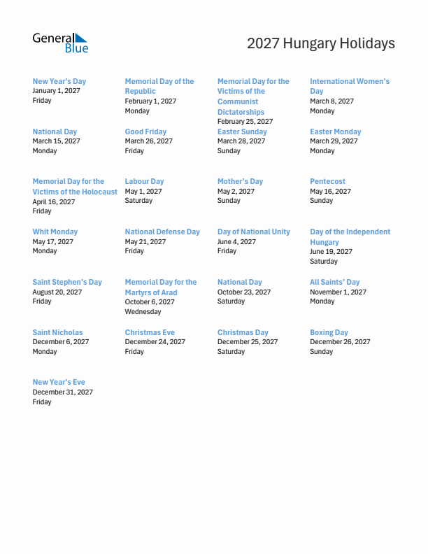 Free printable list of Hungary holidays for year 2027