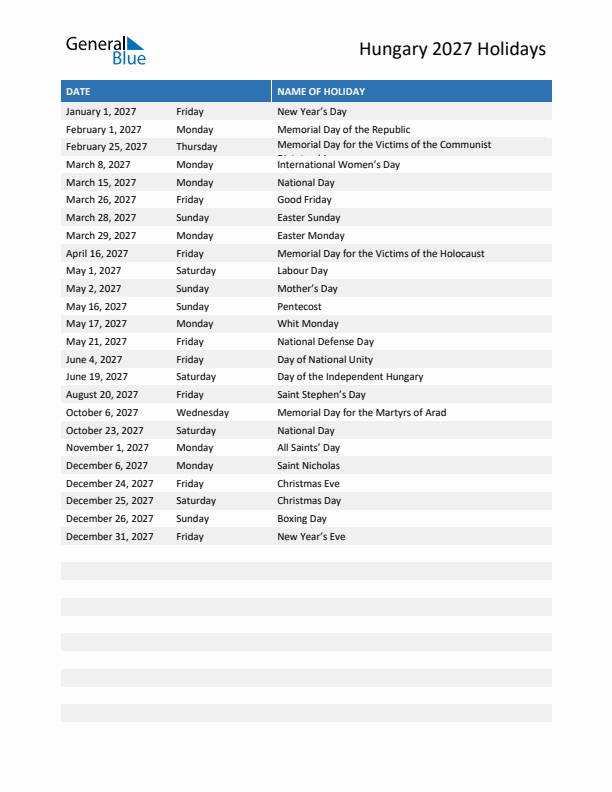 Free printable list of Hungary holidays for year 2027