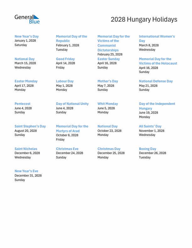 Free printable list of Hungary holidays for year 2028