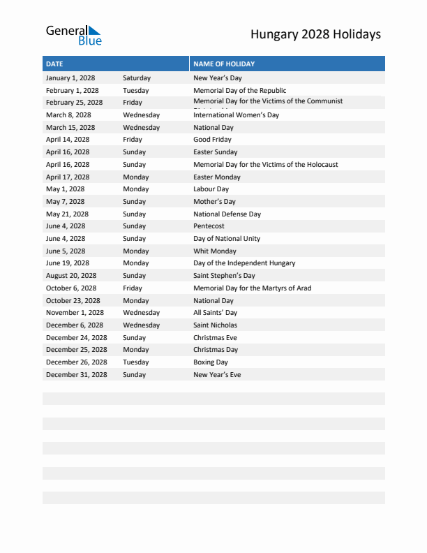 Free printable list of Hungary holidays for year 2028