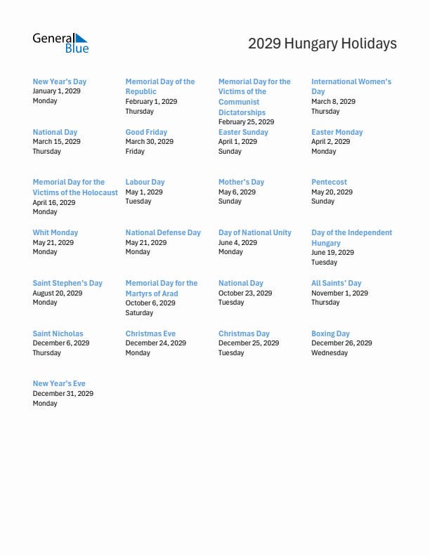 Free printable list of Hungary holidays for year 2029