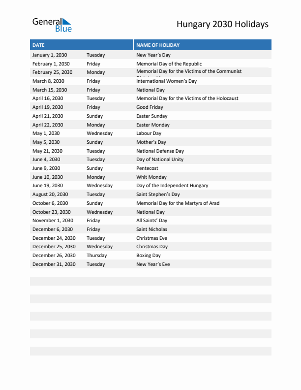 Free printable list of Hungary holidays for year 2030