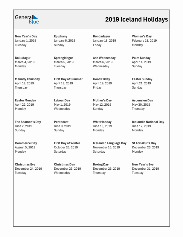 Free printable list of Iceland holidays for year 2019