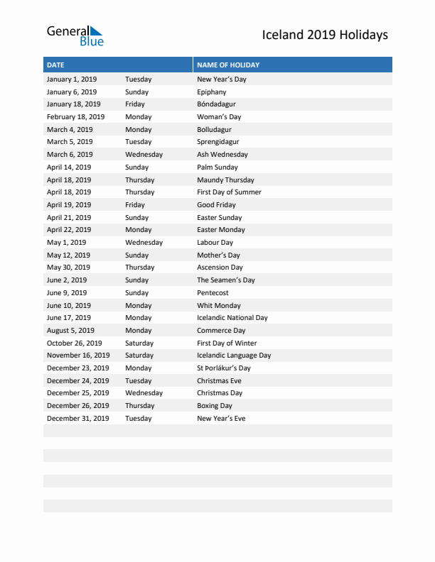 Free printable list of Iceland holidays for year 2019