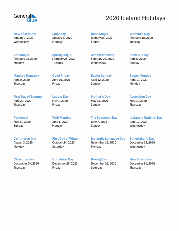 Free printable list of Iceland holidays for year 2020