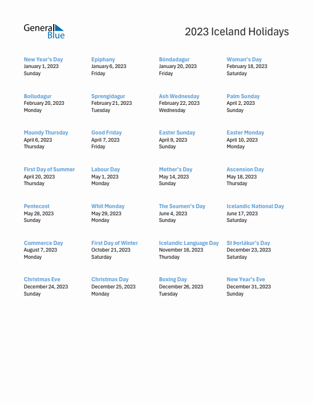 Free printable list of Iceland holidays for year 2023