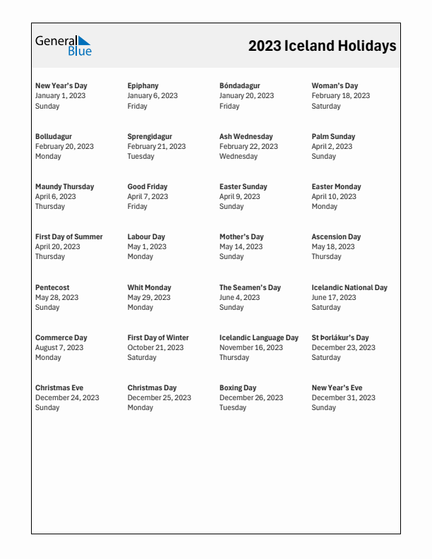 Free printable list of Iceland holidays for year 2023