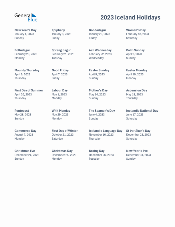 Free printable list of Iceland holidays for year 2023