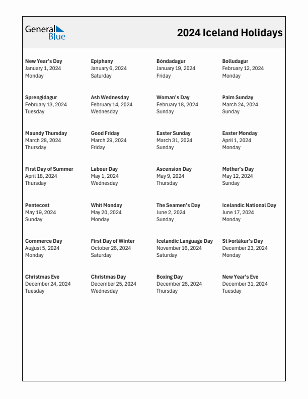 Free printable list of Iceland holidays for year 2024