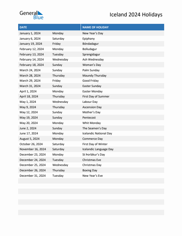 Free printable list of Iceland holidays for year 2024