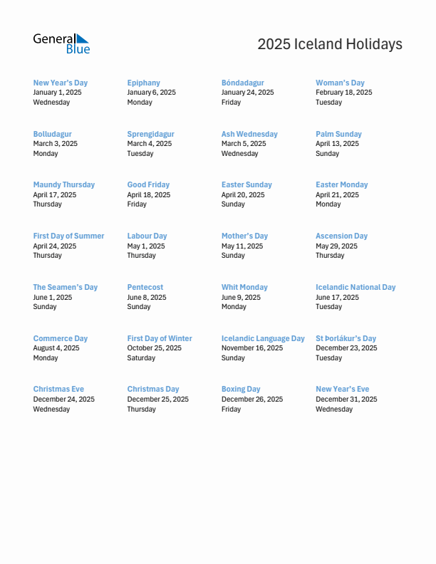 Free printable list of Iceland holidays for year 2025