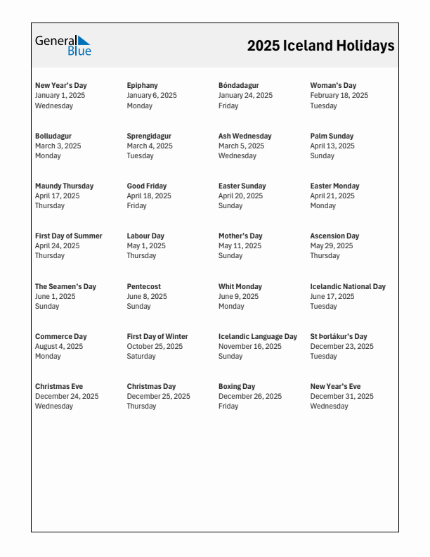 Free printable list of Iceland holidays for year 2025