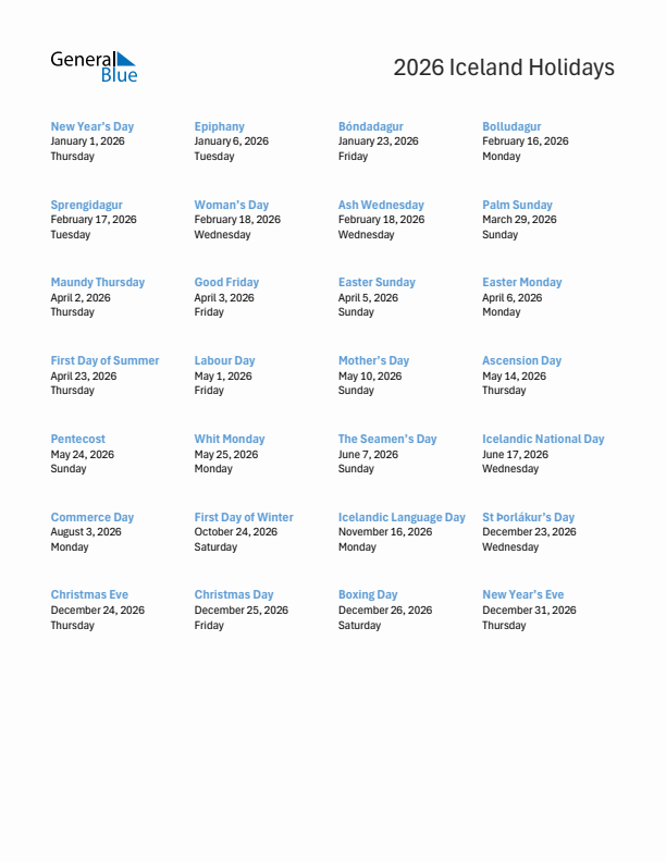 Free printable list of Iceland holidays for year 2026