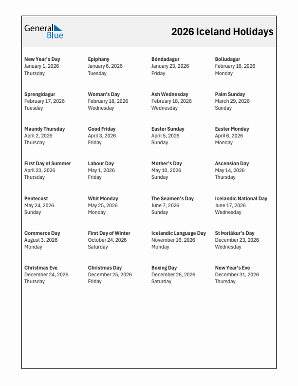 Free printable list of Iceland holidays for year 2026