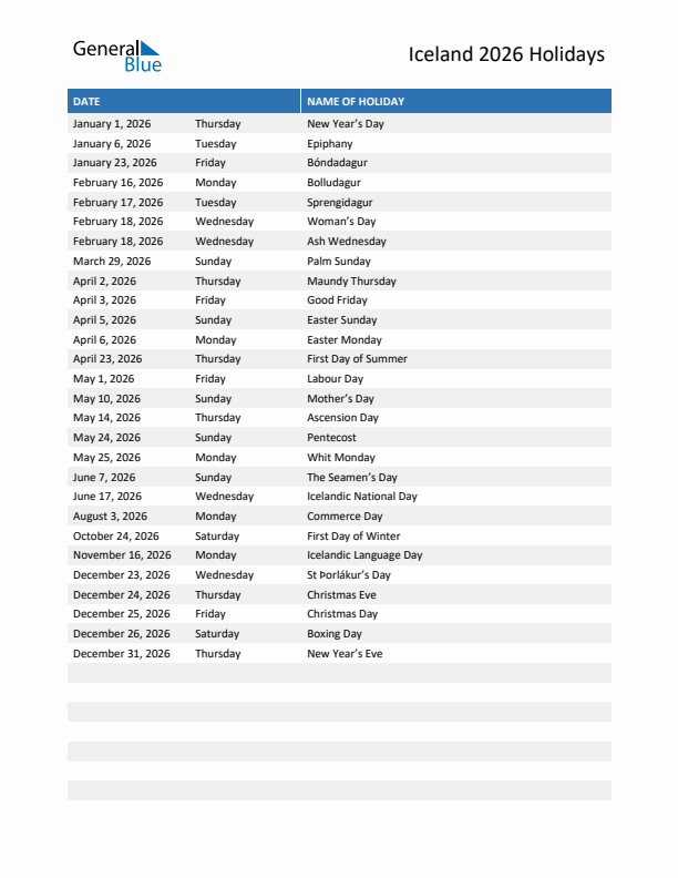 Free printable list of Iceland holidays for year 2026