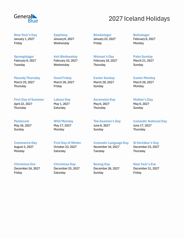 Free printable list of Iceland holidays for year 2027