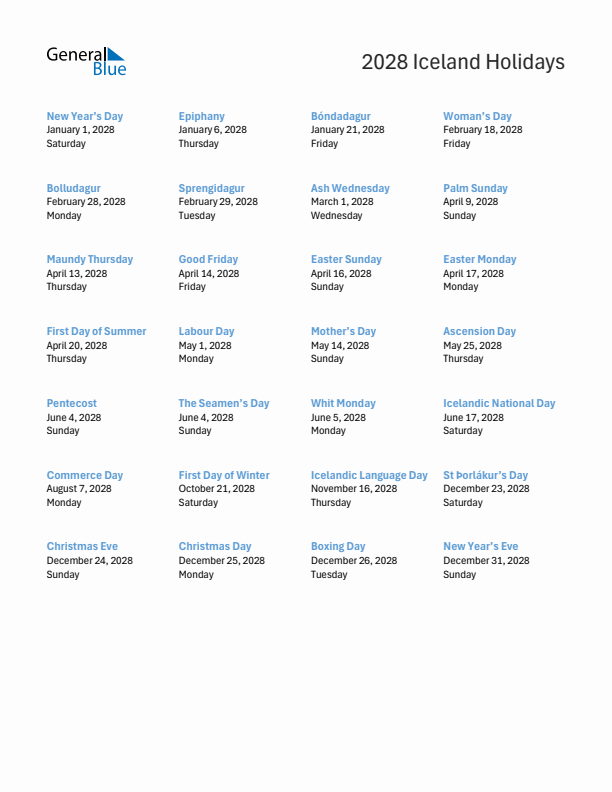 Free printable list of Iceland holidays for year 2028