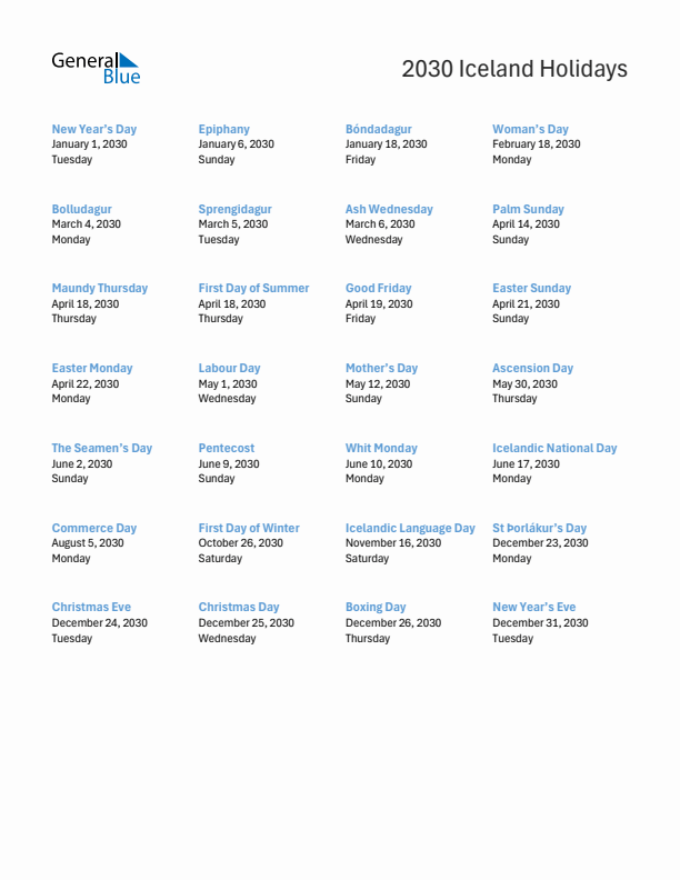 Free printable list of Iceland holidays for year 2030