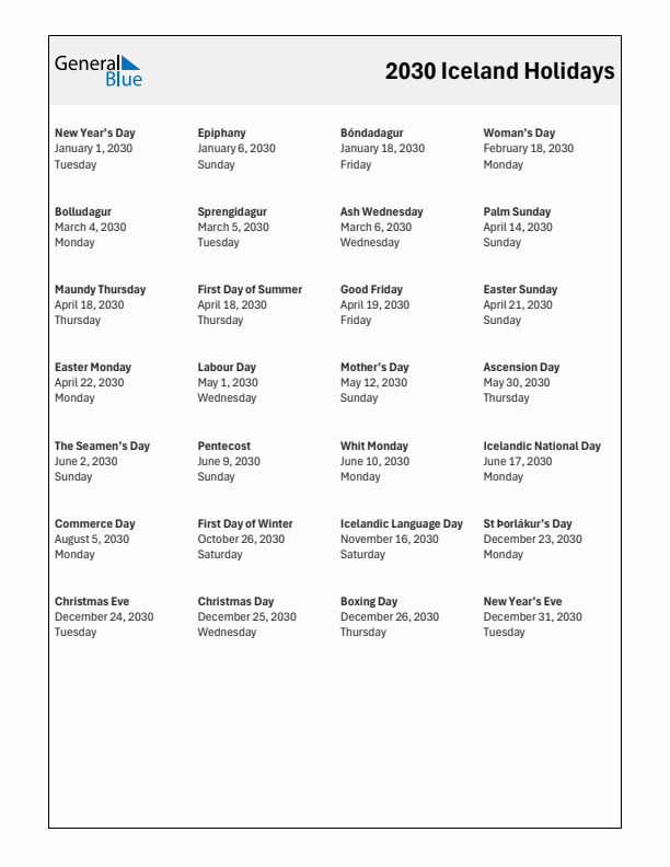 Free printable list of Iceland holidays for year 2030