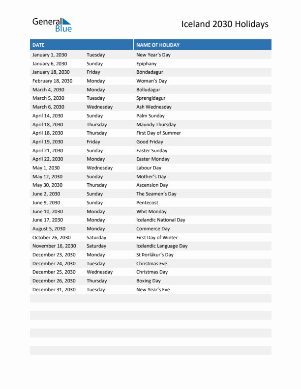 Free printable list of Iceland holidays for year 2030