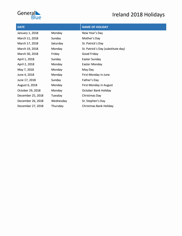 Free printable list of Ireland holidays for year 2018