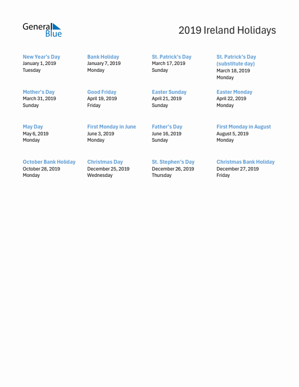 Free printable list of Ireland holidays for year 2019