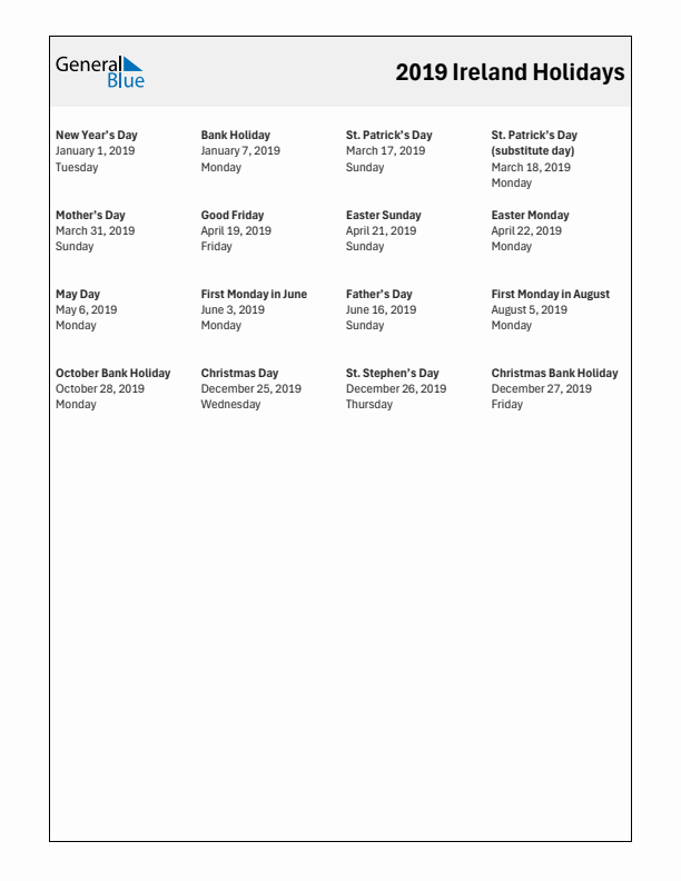 Free printable list of Ireland holidays for year 2019