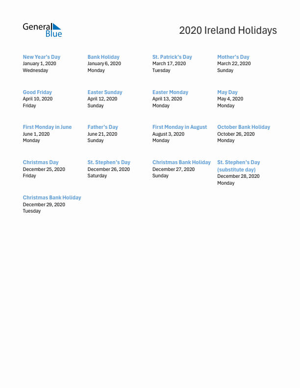 Free printable list of Ireland holidays for year 2020