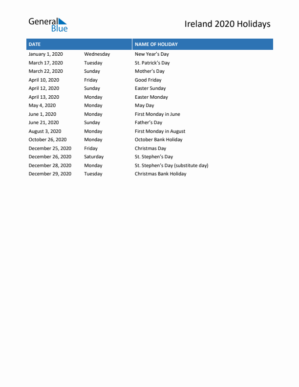 Free printable list of Ireland holidays for year 2020