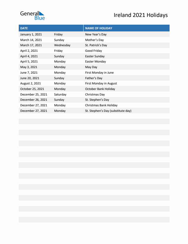 Free printable list of Ireland holidays for year 2021