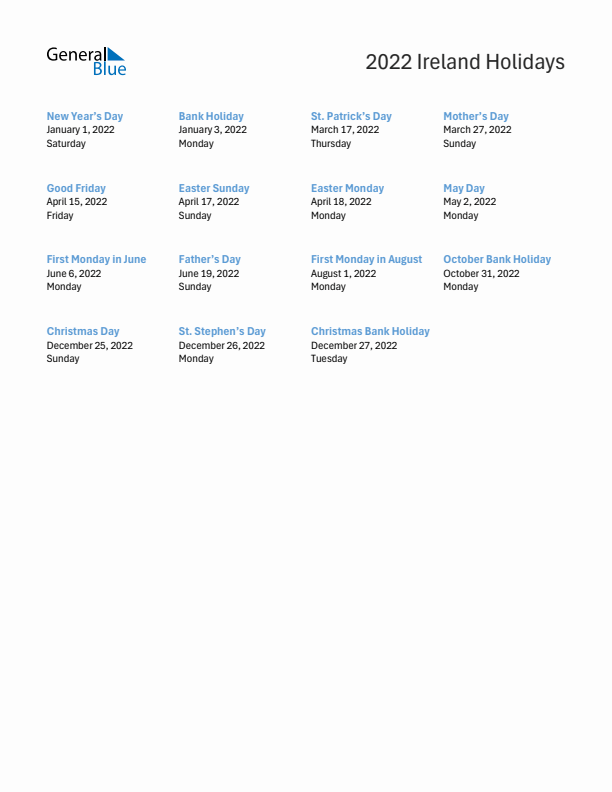 Free printable list of Ireland holidays for year 2022