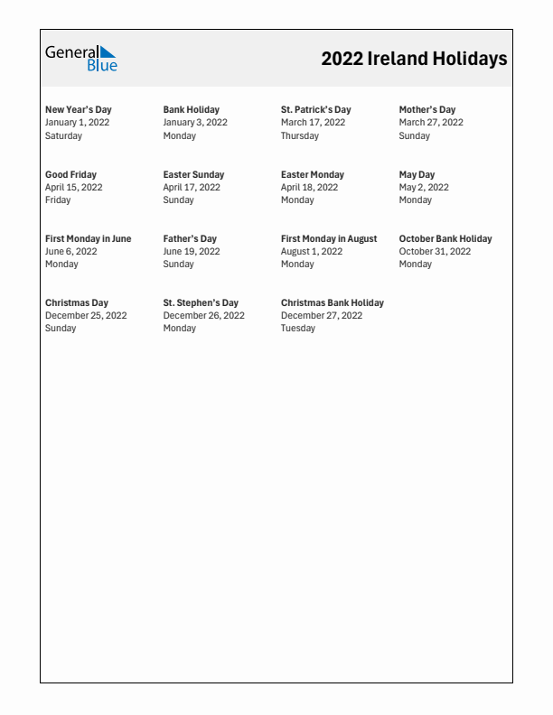 Free printable list of Ireland holidays for year 2022