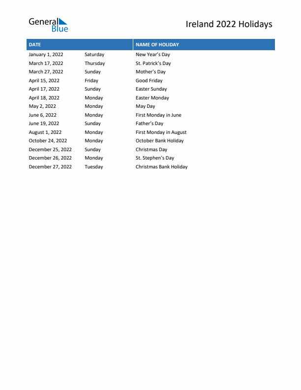 Free printable list of Ireland holidays for year 2022