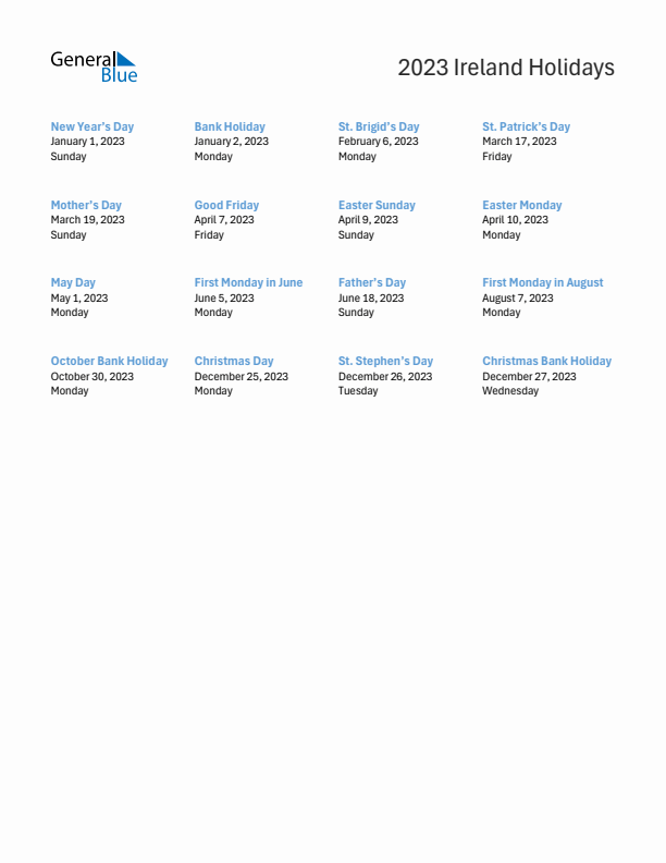 Free printable list of Ireland holidays for year 2023