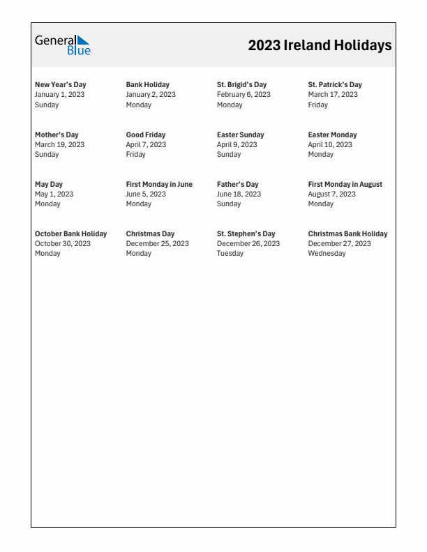 Free printable list of Ireland holidays for year 2023