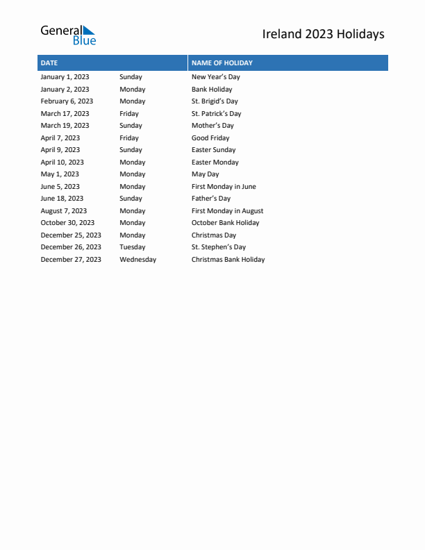 Free printable list of Ireland holidays for year 2023