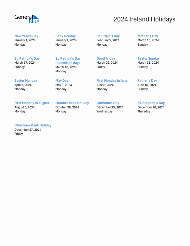 Free printable list of Ireland holidays for year 2024