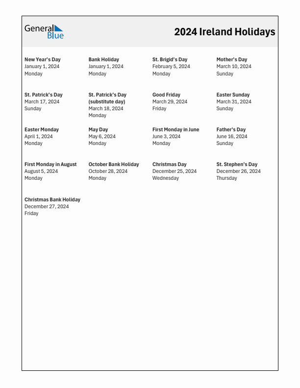 Free printable list of Ireland holidays for year 2024