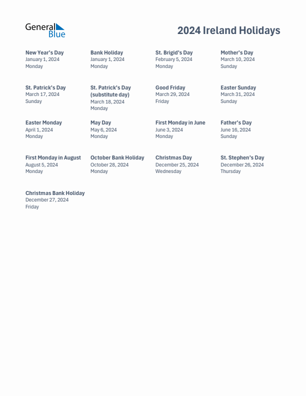 Free printable list of Ireland holidays for year 2024