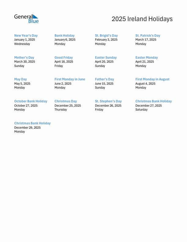 Free printable list of Ireland holidays for year 2025