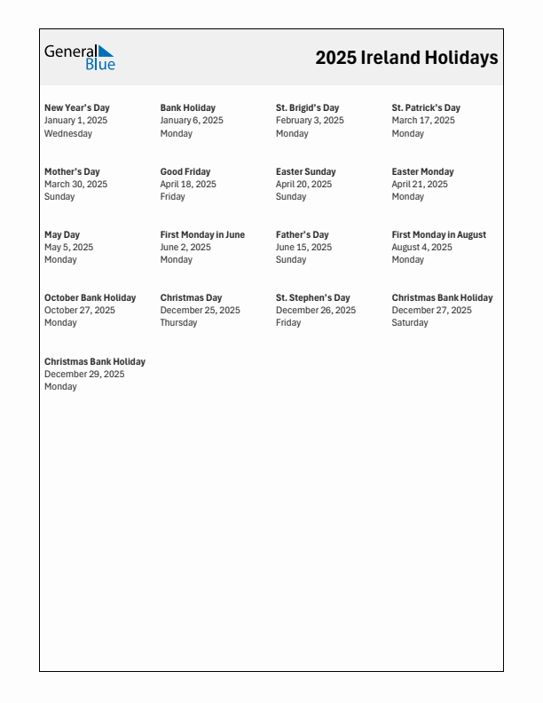 Free printable list of Ireland holidays for year 2025