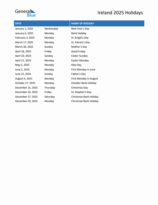 Printable list of holidays in Ireland