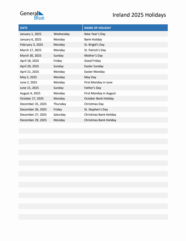 Free printable list of Ireland holidays for year 2025