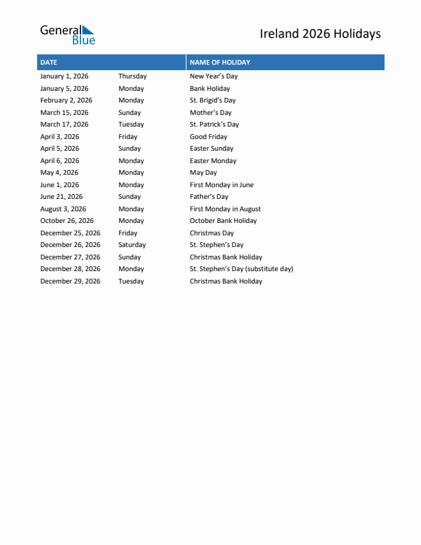 Free printable list of Ireland holidays for year 2026