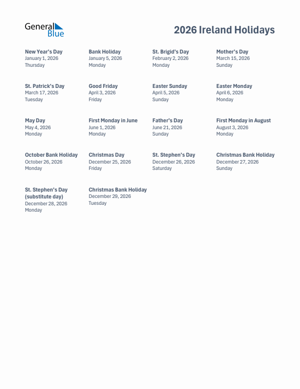 Free printable list of Ireland holidays for year 2026